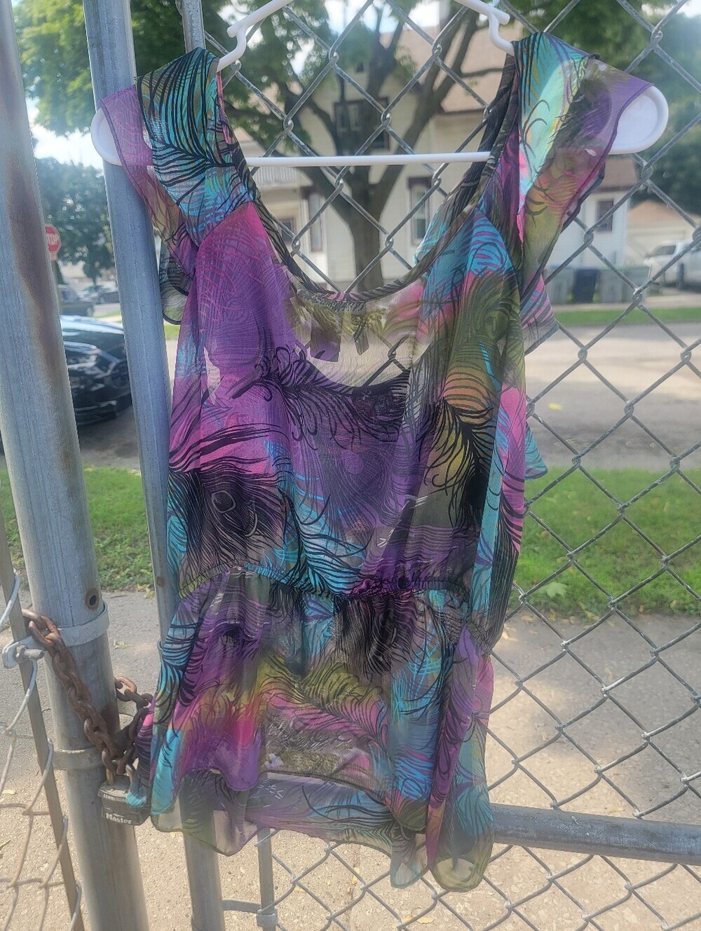 Bisou Bisou Sheer Ruffle Blouse Multicolor Y2K Boho Size L - Picture 3 of 7